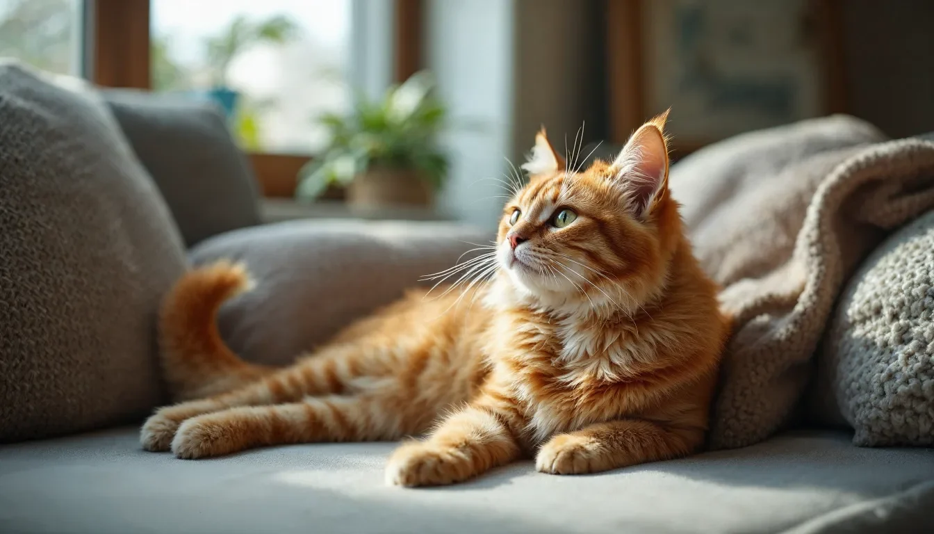 Chat roux détendu dans espace climatisé de pension familiale à Herblay